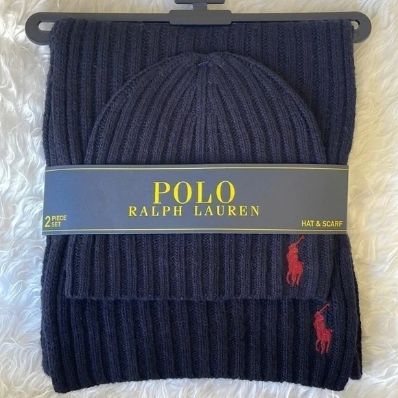 Brand New Polo Ralph Lauren 2-Piece Wool Hat & Scarf Set Navy Blue Deep Red Pony